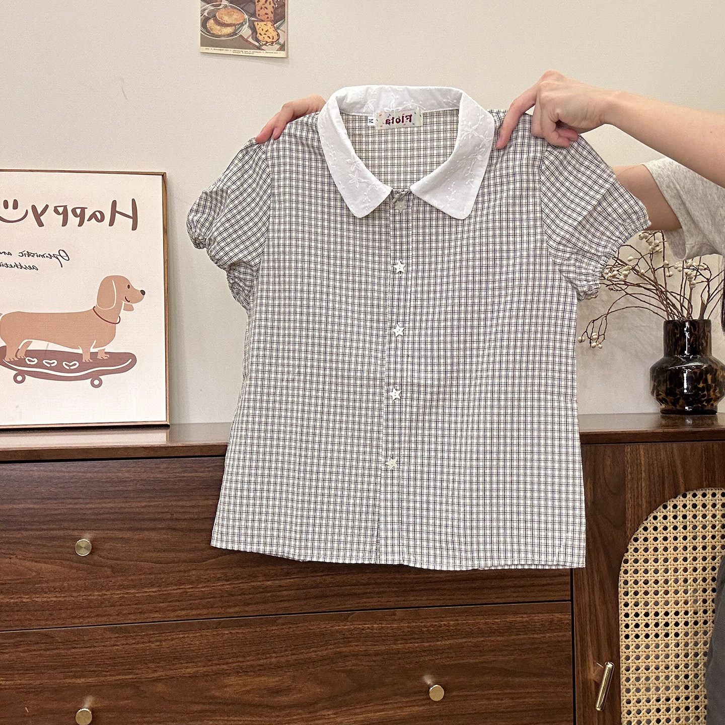 奶油的宇宙 黑色格纹polo领娃娃衫短袖女学院风修身泡泡袖短上衣