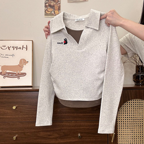 刺绣猫咪假两件polo内搭长袖T恤