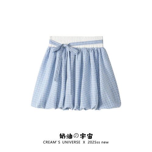 绑带蝴蝶结格纹花苞短裙女小个子