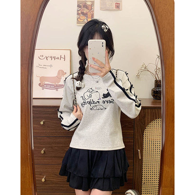 猫咪蝴蝶结条纹插肩打底长袖T恤