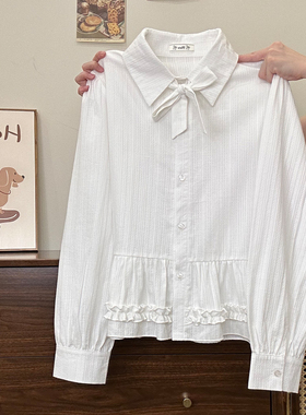 奶油的宇宙 绑带捏褶花边白色polo衬衫长袖女法式温柔风显瘦上衣