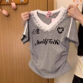 奶油 学院风短上衣 T恤女美式 宇宙 复古字母蕾丝条纹V领正肩短袖