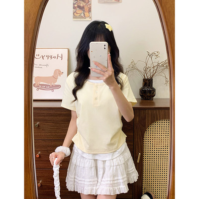 设计感假两件杏色针织短袖T恤女