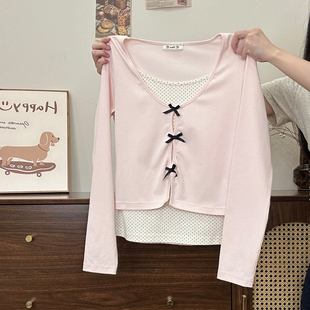 上衣女甜美风修身 蝴蝶结波点拼接假两件长袖 早秋内搭 宇宙 奶油