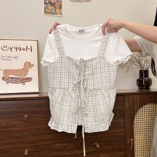 两件套女韩系学院风叠穿短上衣 绑带格纹吊带背心短袖 奶油 宇宙
