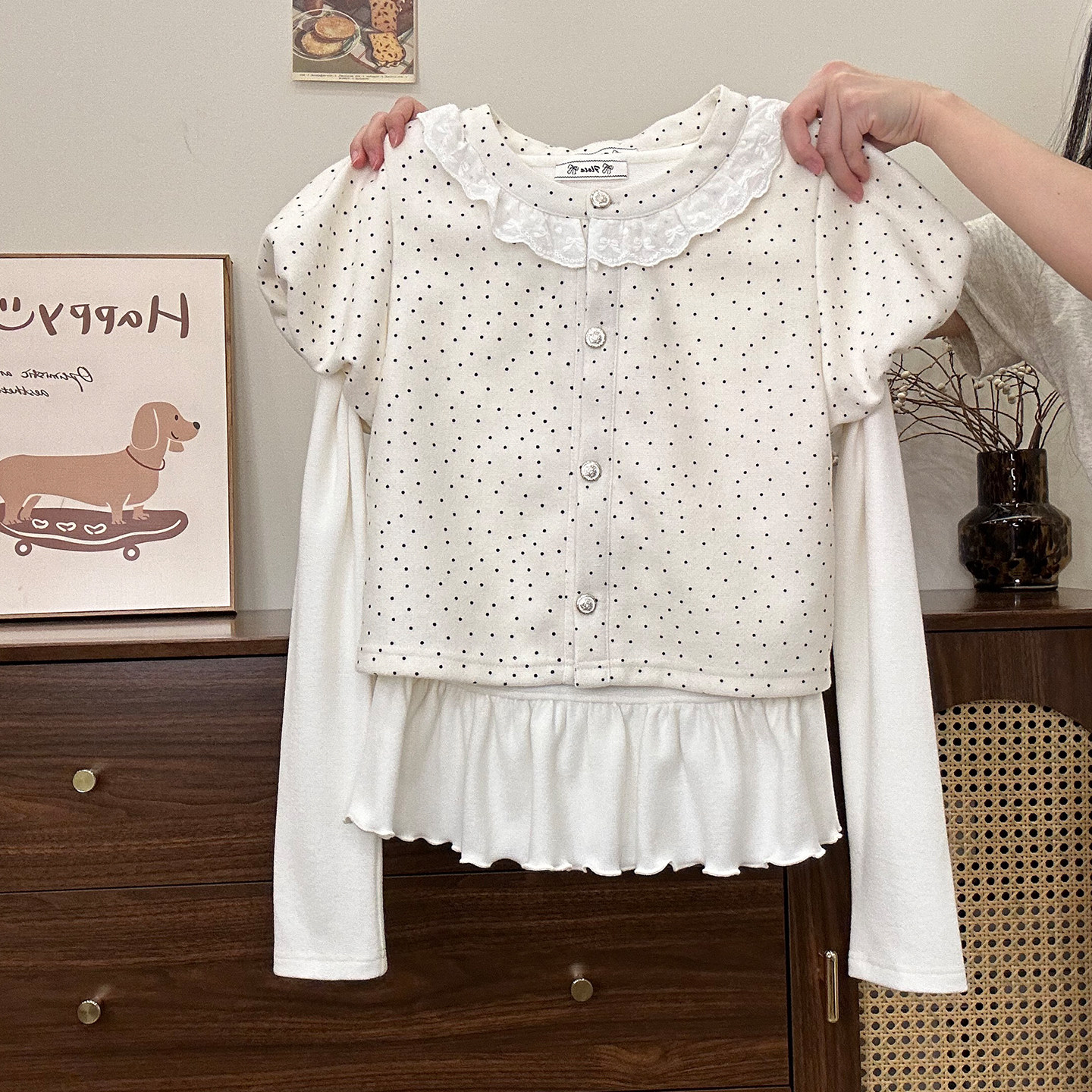 蕾丝波点磨毛加厚内搭长袖两件套