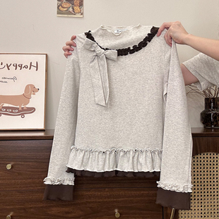 T恤女甜美温柔修身 蝴蝶结撞色荷叶花边长袖 内搭短上衣 宇宙 奶油