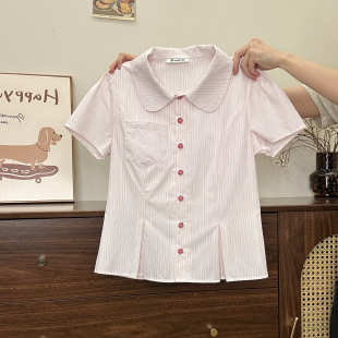 宇宙 短上衣新款 粉色条纹polo领衬衫 女甜妹小个子修身 短袖 奶油