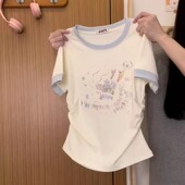 宇宙 涂鸦卡通拼色正肩不露腰短袖 T恤女甜妹风短款 奶油 上衣新款