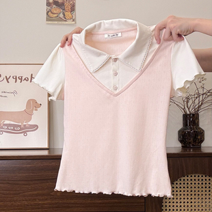 T恤女甜美学院风修身 拼接假两件polo领正肩短袖 小上衣 宇宙 奶油