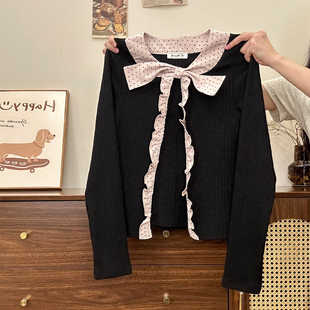 女设计感修身 波点蝴蝶结拼接假两件针织长袖 早秋内搭 宇宙 奶油