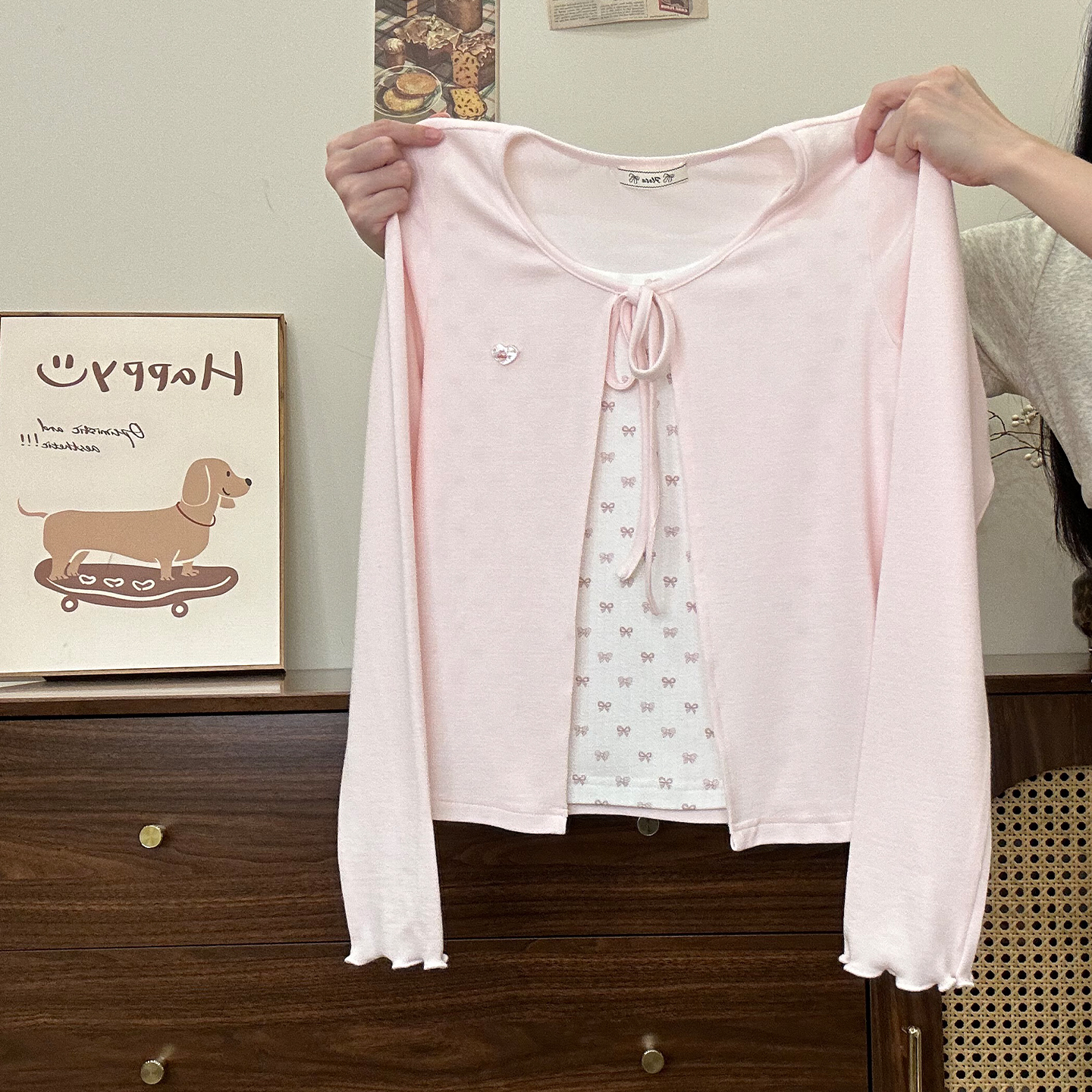 满印蝴蝶结绑带假两件长袖上衣女