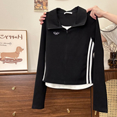 奶油 假两件上衣 T恤女学院风修身 宇宙 刺绣半拉链polo领内搭长袖