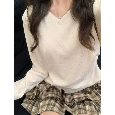 基础款纯色V领内搭长袖T恤女正肩