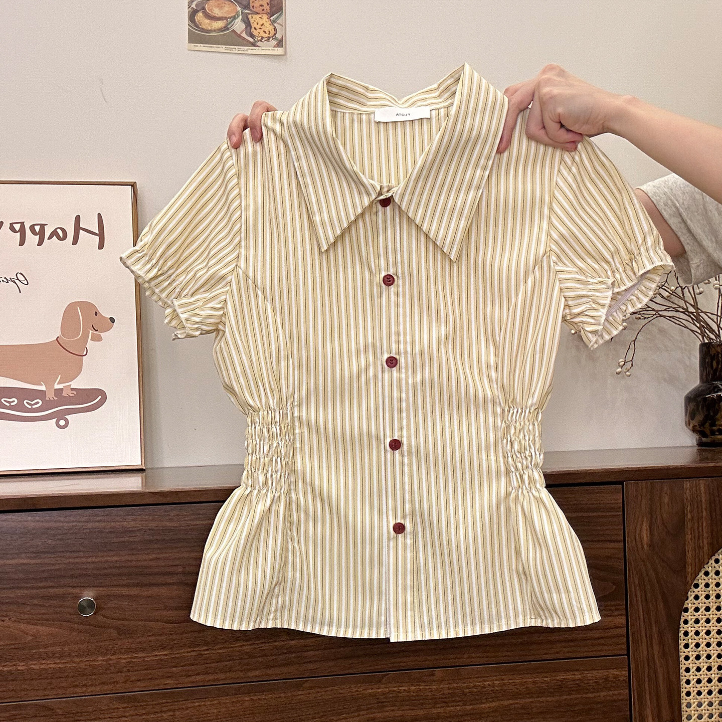 奶油的宇宙 黄色条纹polo收腰衬衫短袖女甜美少女短款泡泡袖上衣