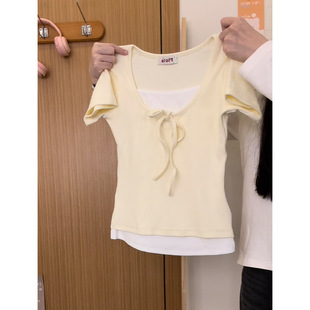 女甜美bm风修身 绑带蝴蝶结假两件针织短袖 正肩短上衣 宇宙 奶油