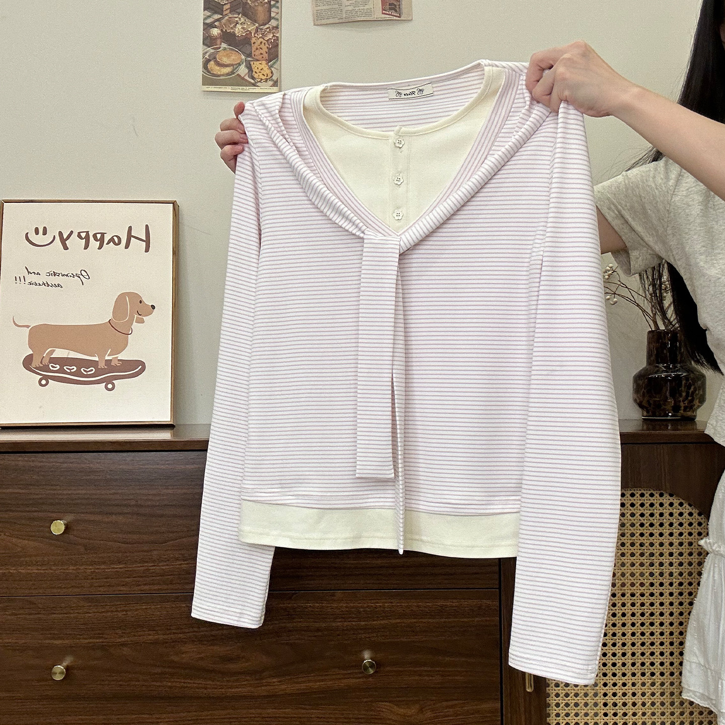 假两件海军领条纹长袖上衣内搭