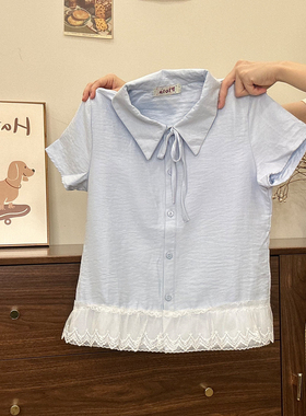奶油的宇宙 绑带蕾丝花边蓝色polo领衬衫短袖女甜美修身短款上衣