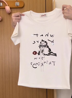 奶油的宇宙 蕾丝蝴蝶结猫咪白色正肩短袖T恤女小个子修身短款上衣