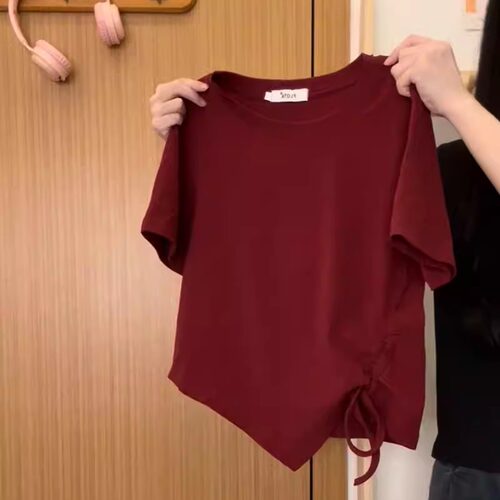 纯色绑带不规则正肩短袖T恤女