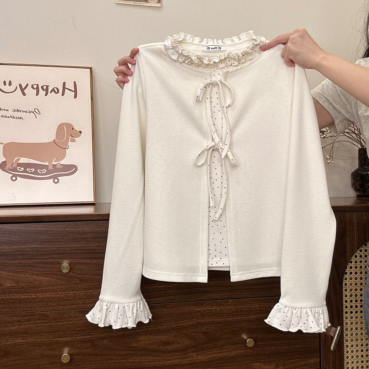 奶油的宇宙 波点绑带捏褶花边假两件内搭长袖女甜美修身针织上衣,女装/女士精品,毛针织衫,淘宝优惠券,粉丝福利购,淘宝优惠卷