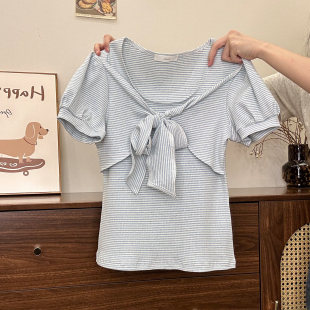 T恤女甜美风泡泡袖 绑带蝴蝶结条纹u领正肩短袖 短上衣 宇宙 奶油