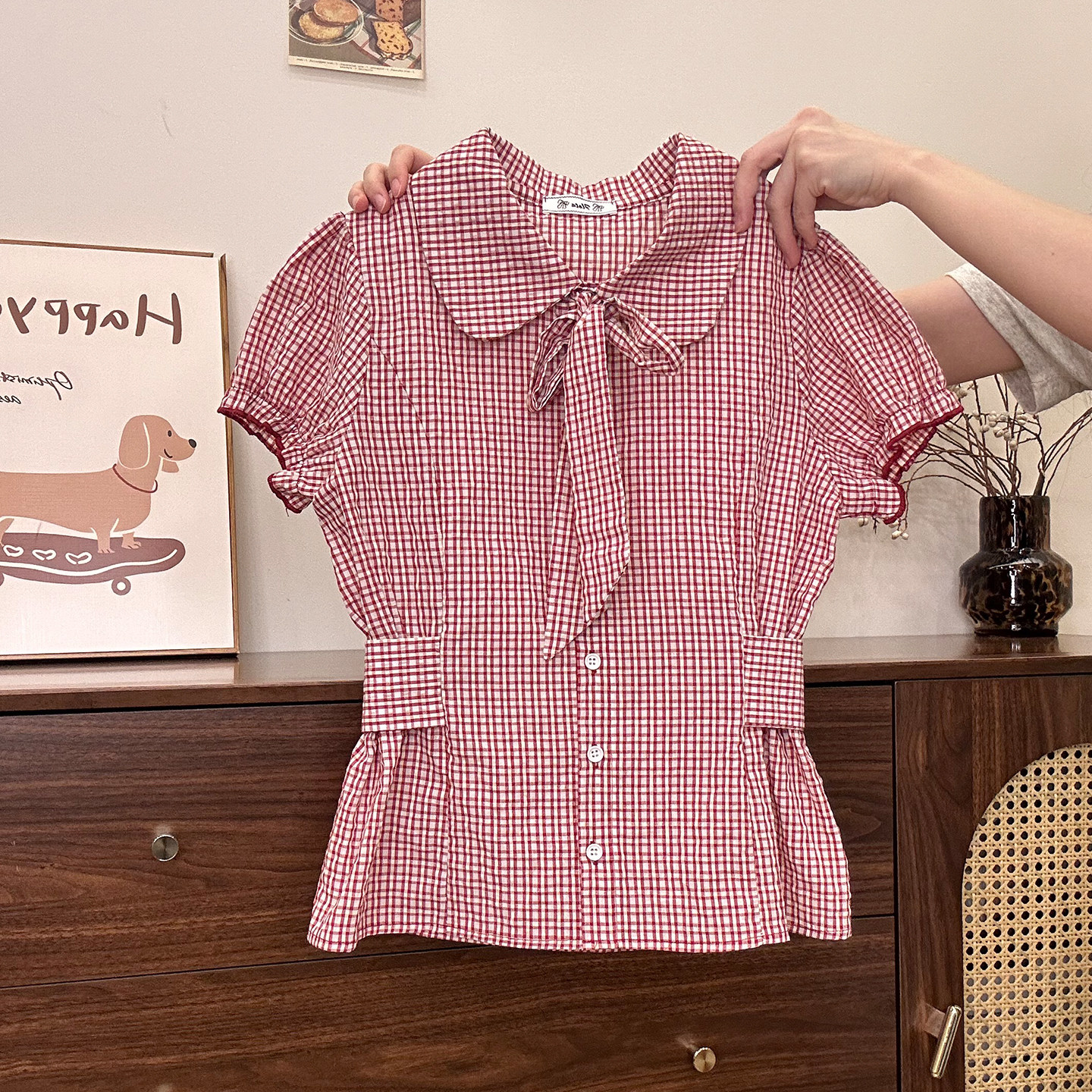 奶油的宇宙 绑带红色格纹娃娃领衬衫短袖女甜妹小个子收腰短上衣
