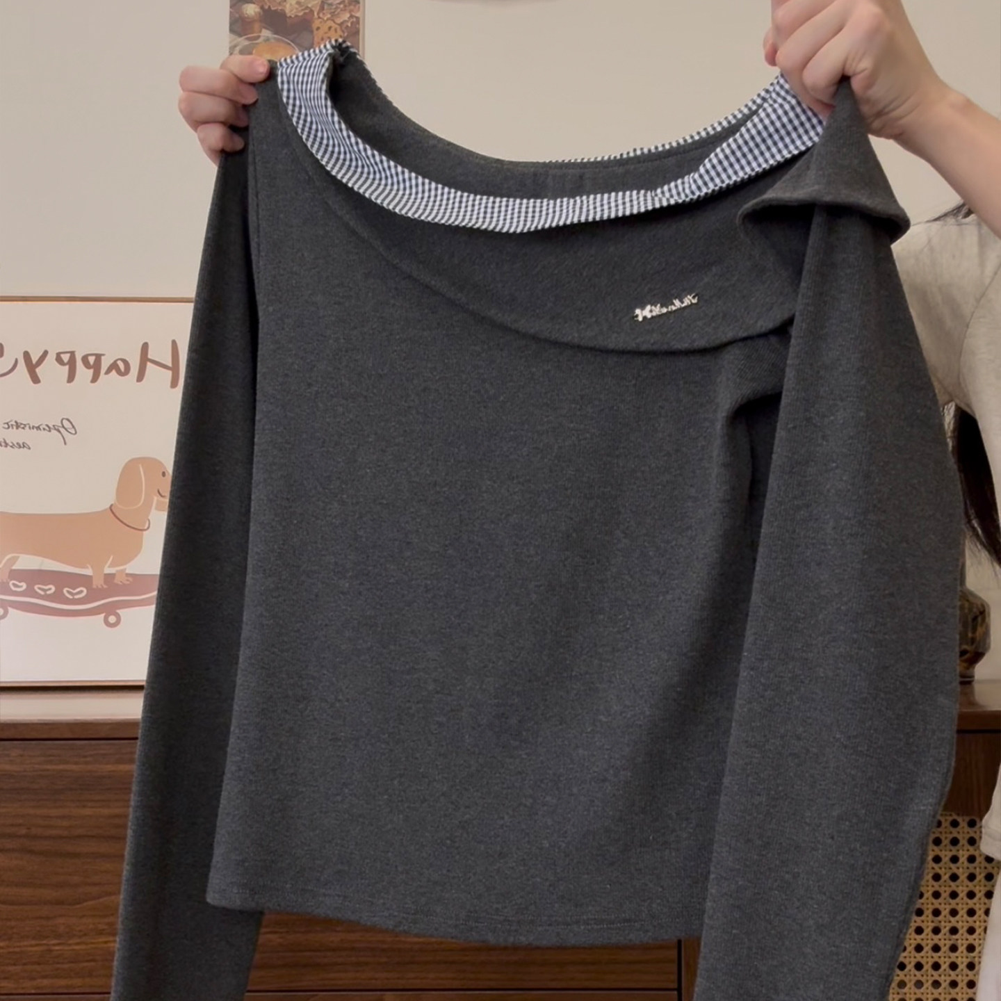 拼接格纹斜肩针织长袖内搭上衣