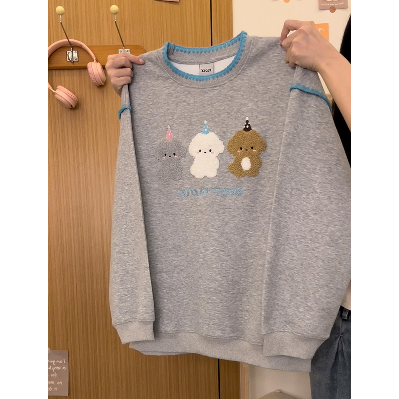 日系可爱植绒狗狗花边圆领卫衣女