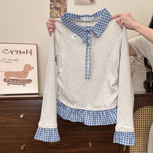 纹绑带荷叶边polo内搭长袖T恤女