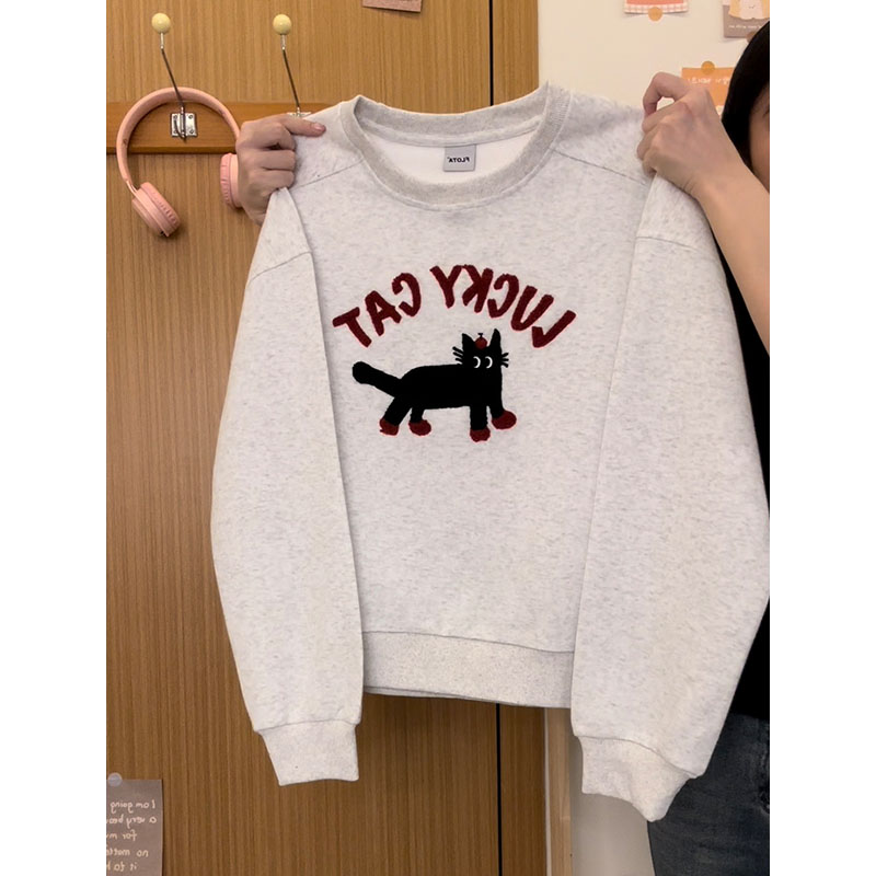 奶油的宇宙 植绒黑色猫咪圆领卫衣女日系学院风显瘦插肩长袖新款