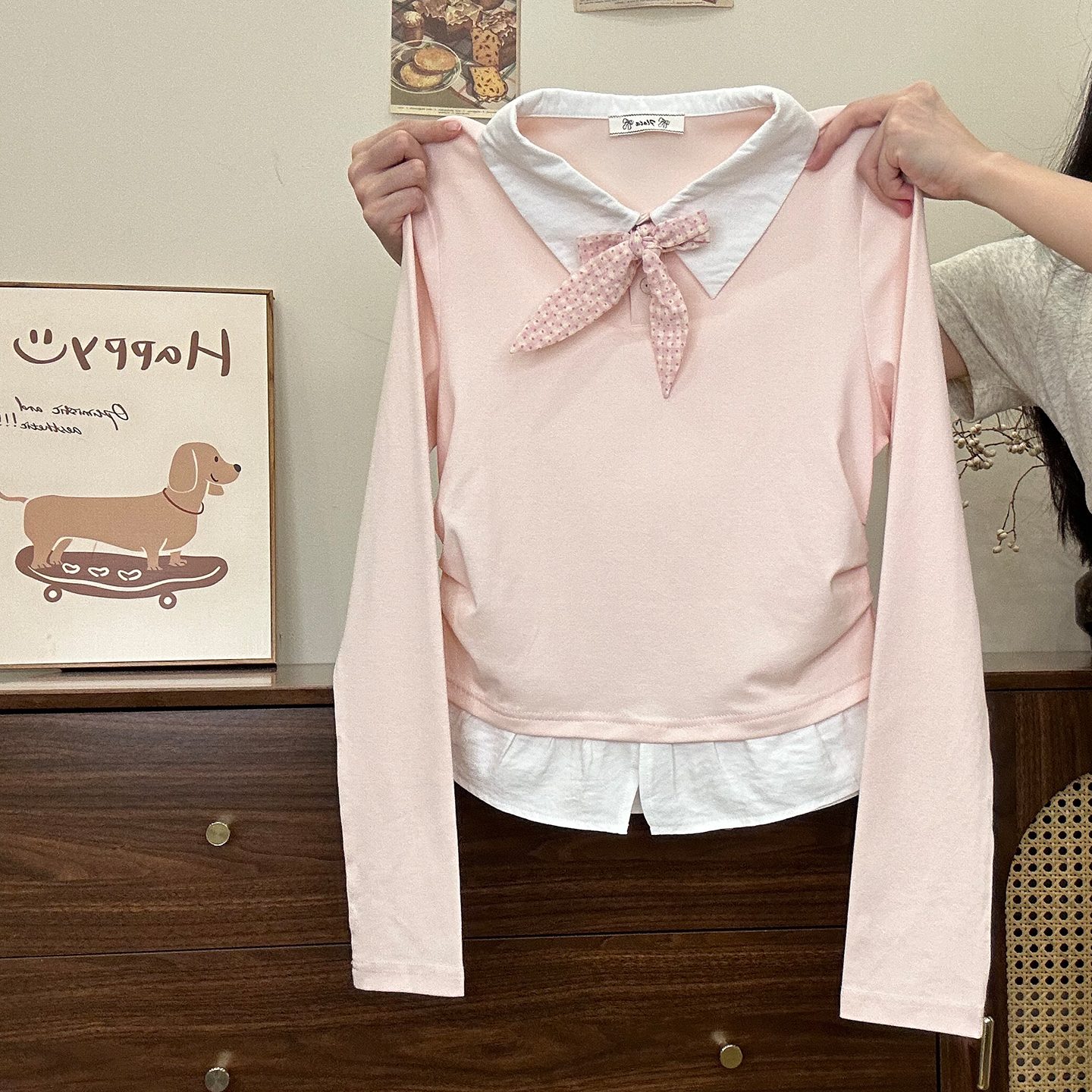 波点绑带假两件polo长袖T恤女