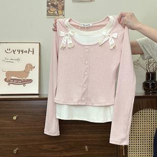 女甜美温柔风修身 蝴蝶结拼接假两件针织长袖 早秋内搭 宇宙 奶油