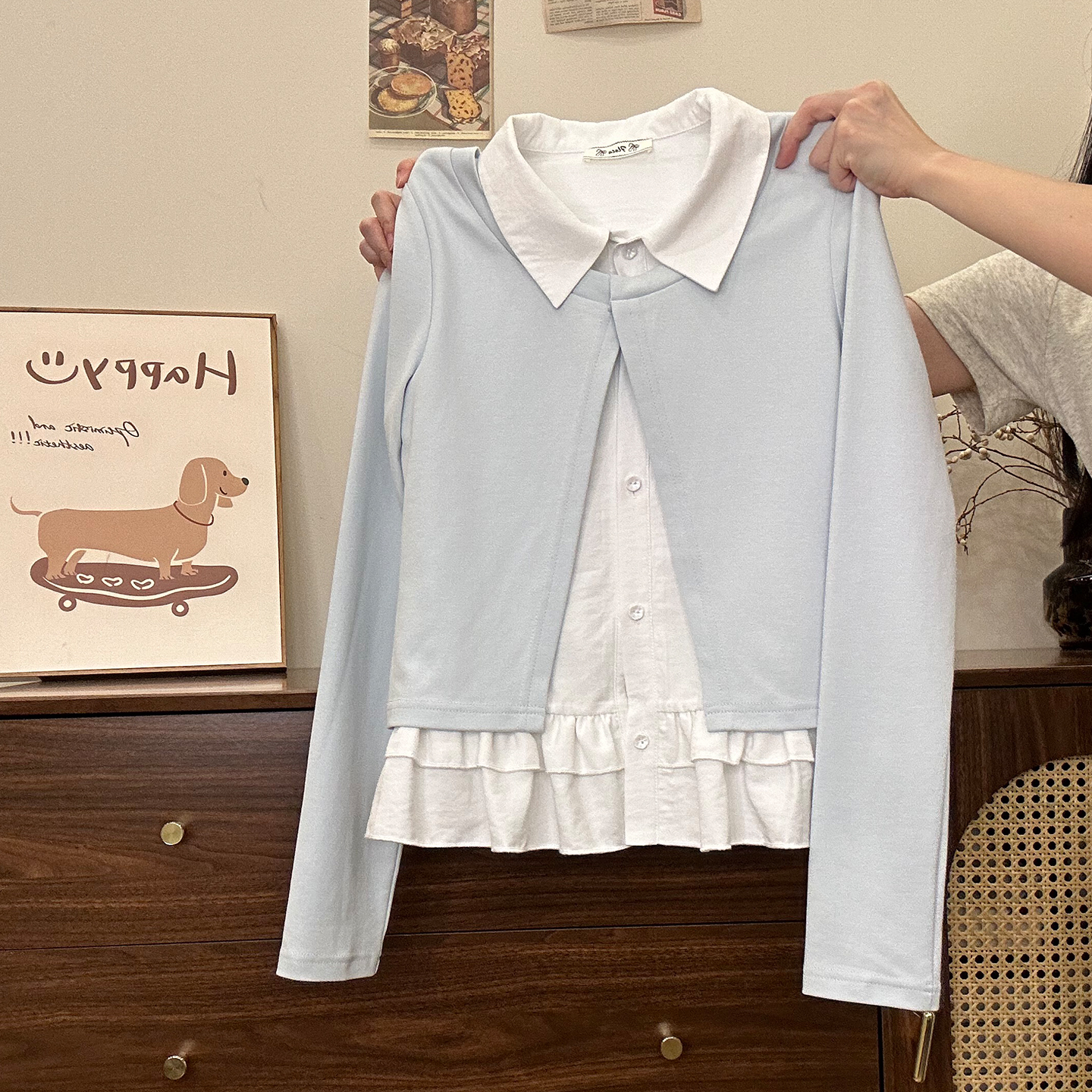 撞色荷叶边假两件polo长袖T恤女