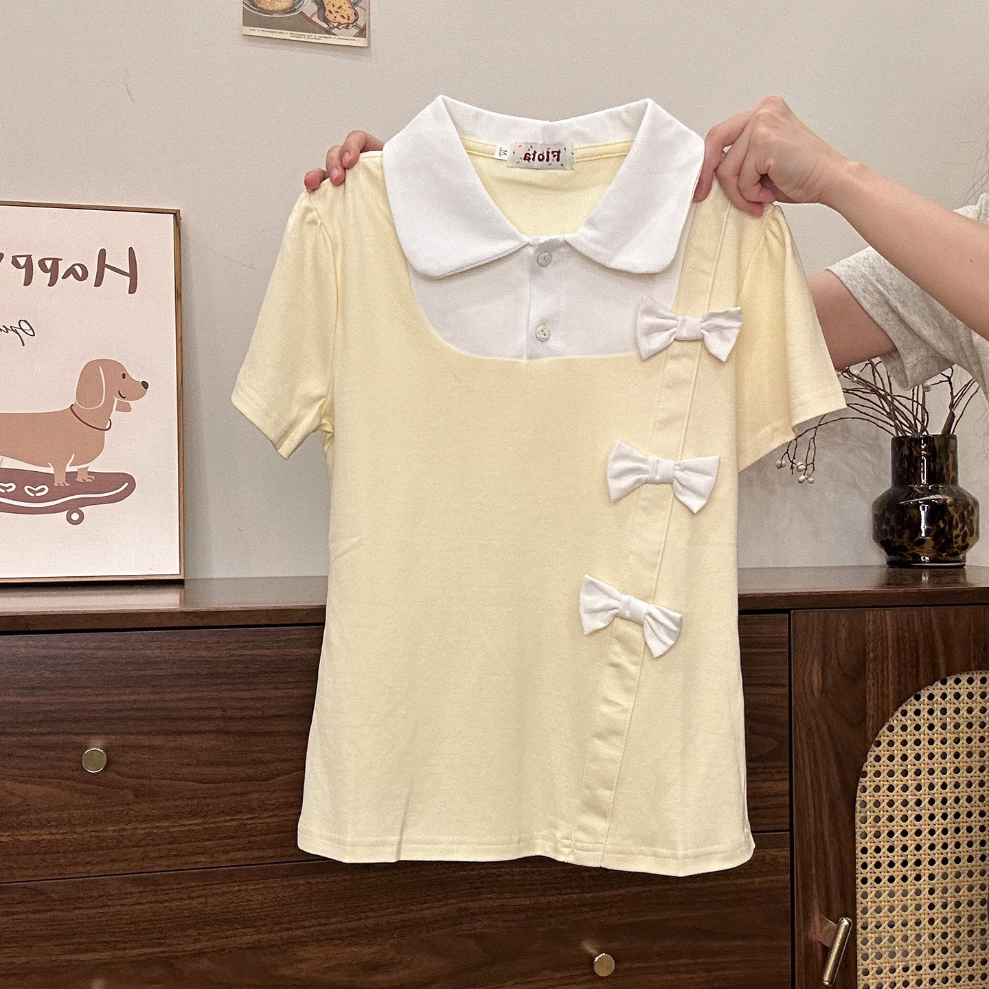 奶油的宇宙 立体蝴蝶结假两件娃娃领短袖T恤女甜美修身正肩短上衣,女装/女士精品,POLO衫,淘宝优惠券,粉丝福利购,淘宝优惠卷