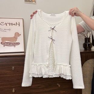 奶油的宇宙 蝴蝶结波点荷叶边毛绒内搭长袖女甜美保暖假两件上衣