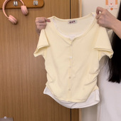 蕾丝假两件针织正肩短袖 奶油 宇宙 T恤女设计感显瘦甜美小上衣夏