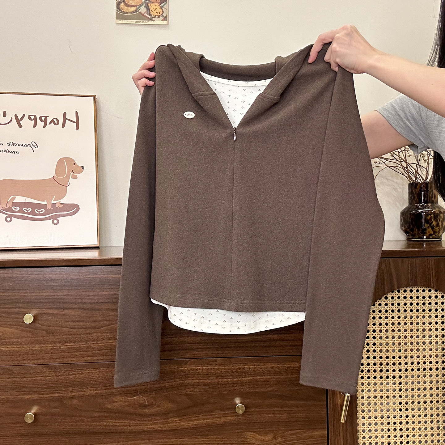 假两件半拉链加厚连帽内搭长袖女