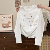 奶油 早秋内搭 T恤女日系减龄收腰短款 宇宙 可爱刺绣小狗正肩长袖