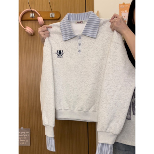 2025新款 刺绣格子拼接polo领卫衣女韩系风假两件长袖 宇宙 奶油