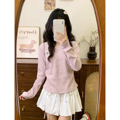 刺绣V领粉色针织衫长袖T恤女温柔