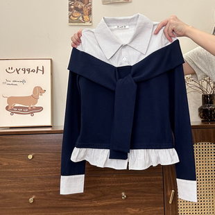 女韩系修身 奶油 拼接假两件polo针织长袖 条纹衬衫 内搭上衣 宇宙