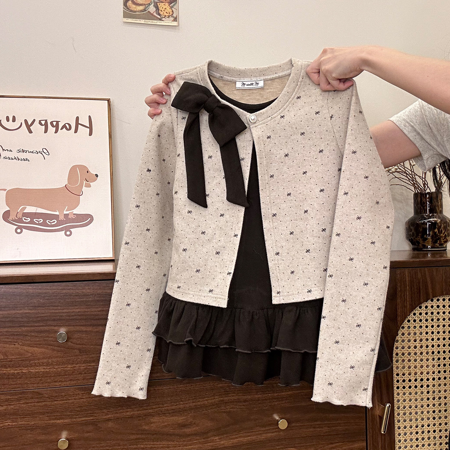 奶油的宇宙 蝴蝶结荷叶边假两件磨毛内搭长袖女韩系保暖叠穿上衣,女装/女士精品,毛针织衫,淘宝优惠券,粉丝福利购,淘宝优惠卷