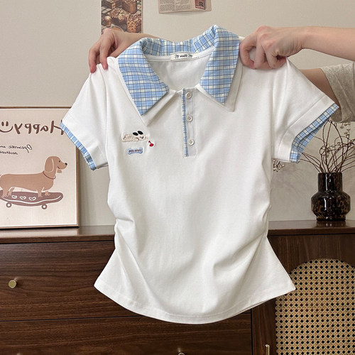 刺绣小狗格纹polo正肩短袖T恤女