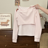 奶油 内搭短上衣 女早秋设计感修身 宇宙 条纹拼接假两件斜肩长袖