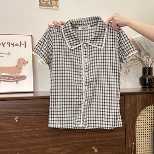 宇宙 短款 蕾丝拼接格纹polo领衬衫 女韩系甜美修身 上衣 短袖 奶油