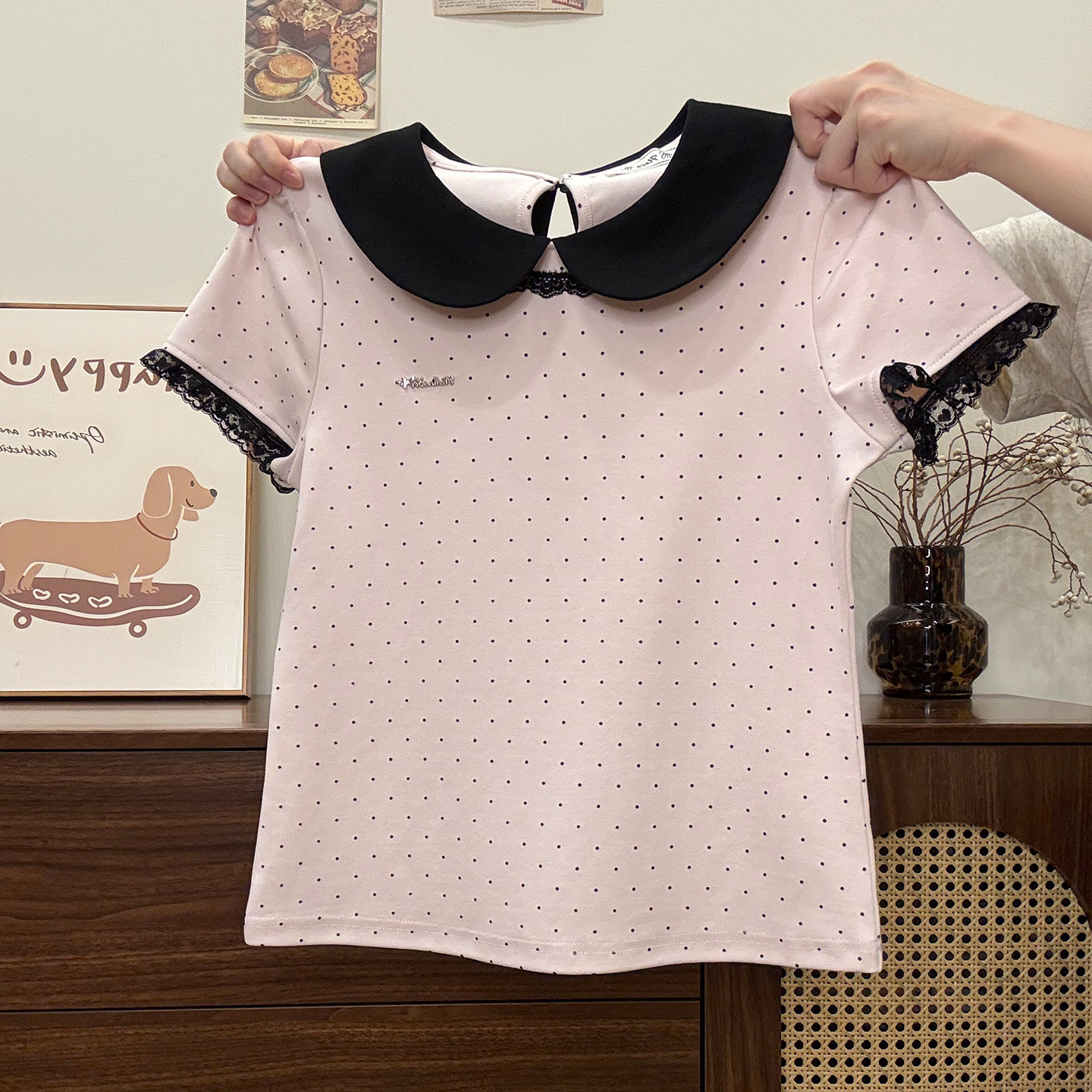 奶油的宇宙 蕾丝拼接波点娃娃领正肩短袖T恤女小个子修身短款上衣
