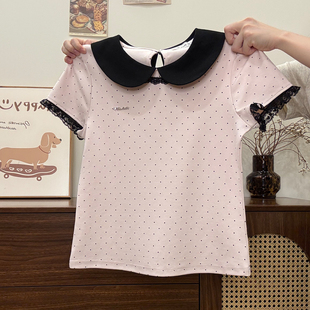 短款 奶油 T恤女小个子修身 蕾丝拼接波点娃娃领正肩短袖 上衣 宇宙