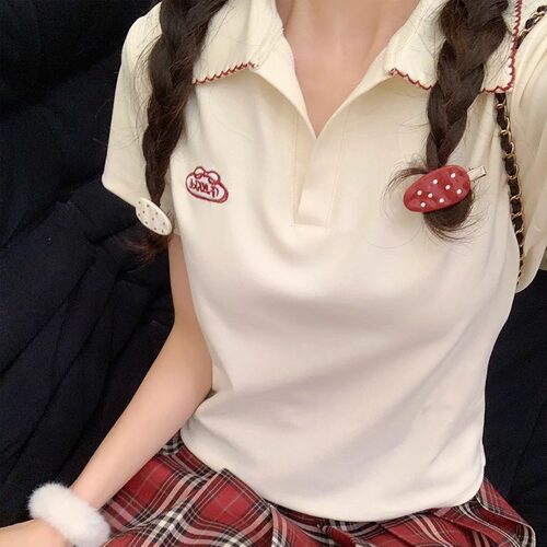 刺绣字母杏色polo领短袖T恤女