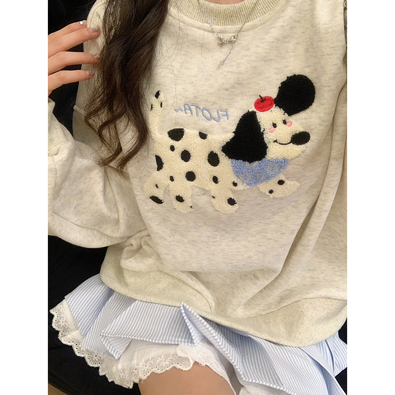 植绒斑点狗狗加绒圆领卫衣女插肩